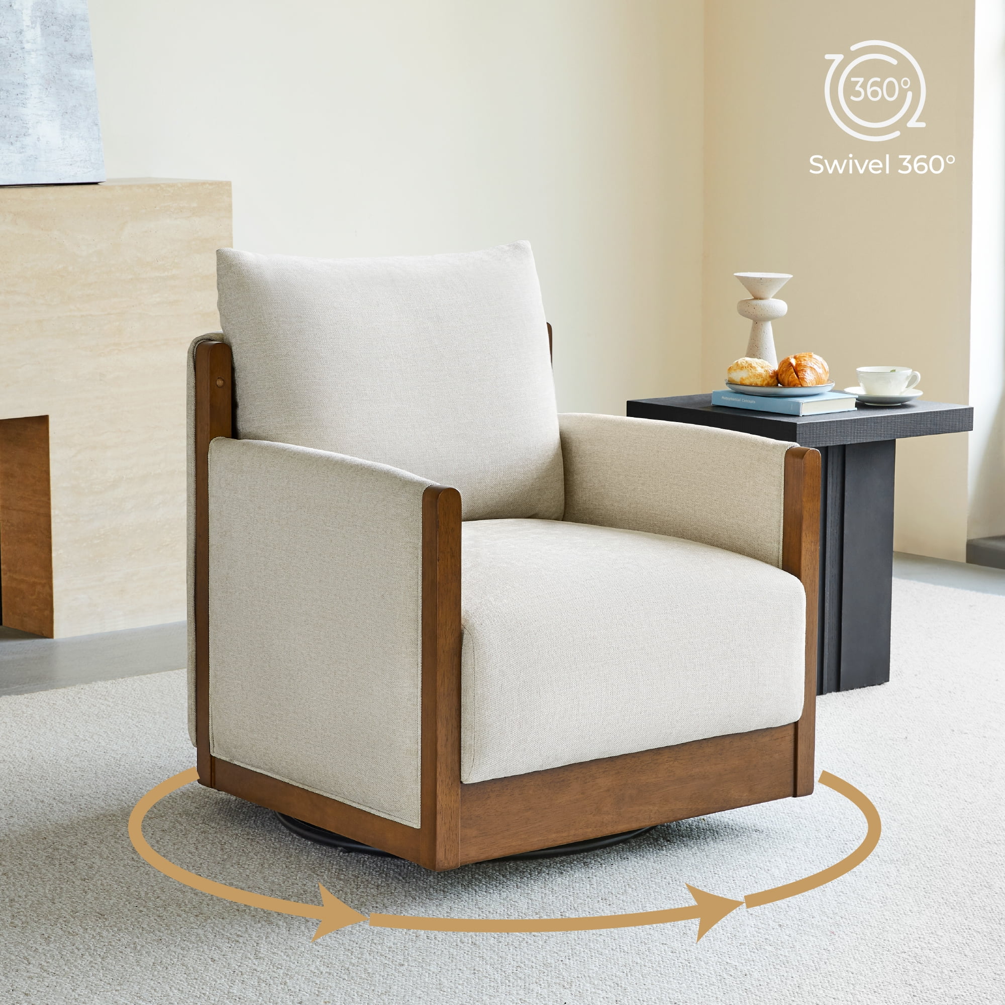 Spruce & Spring Mid-Century Modern Swivel Accent Chair with Curved Back and Upholstered Arms Single, Linen&Walnut
