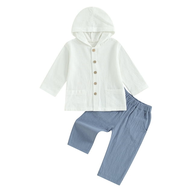 ZAXARRA Boys Autumn 2PCS Pants Sets Solid Color Long Sleeve Button Hooded Tops and Elastic Band Pants Sets