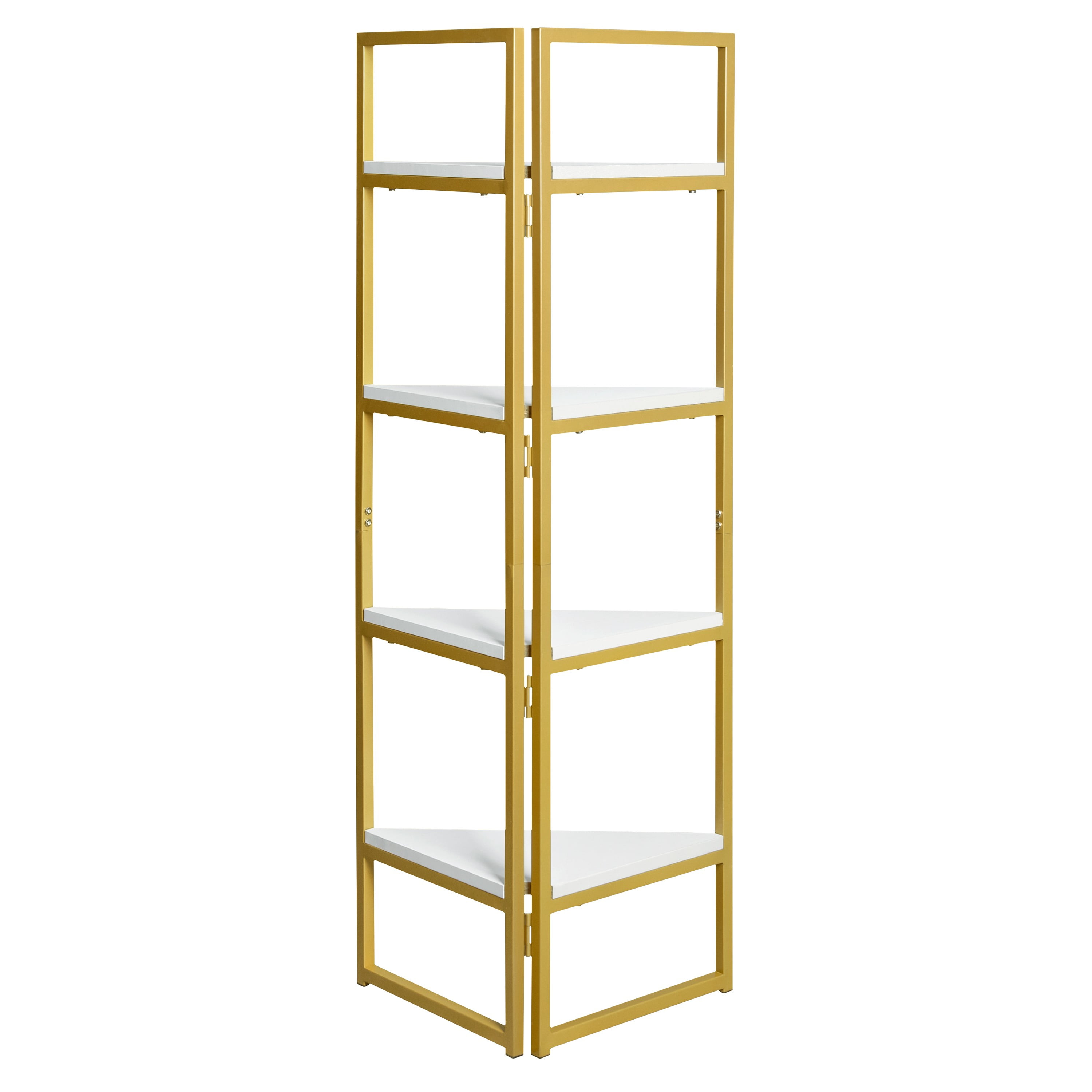 Finihen Corner Shelf Stand, 4-Tier Wall Corner Bookshelf with Metal Frame, Plant Corner Display Shelf, Bookcase for Small Spaces, Bedroom, Living Room, White Finihen Corner Shelf Stand, 4-Tier Wall Corner Bookshelf with Metal Frame, Plant Corner Display Shelf, Bookcase for Small Spaces, Bedroom, Living Room, White