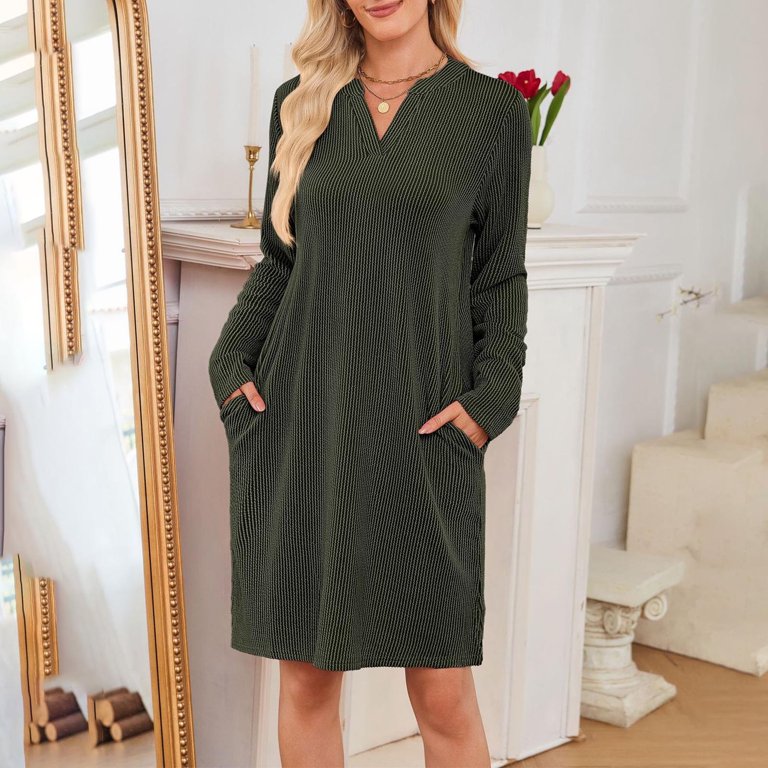 ladies midi winter dresses Ashirexll Midi Dresses for Women, Womens Winter Dresses, Ladies Fashion Solid Color Round Neck Back Pleated Long Sleeve Jumpsuit Dress