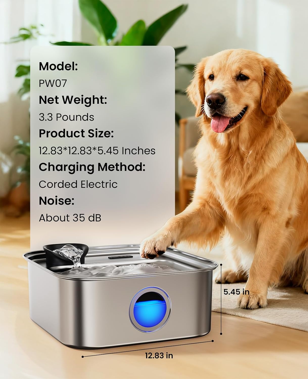 Dog Water Fountain for Large Dogs, 10L/2.6Gal Stainless Steel Automatic Dog Water Bowl Dispenser with Deeper, Wider Drinking Area, Water Window & Triple Filtration for Large Dogs & Multi-Pet