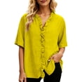 thumbnail image 3 of Craaazy Womens Casual Shirts Loose Fit Solid Color V Neck Ruffle Short Sleeve Button Down Tops for Daily Wear Office, 3 of 4