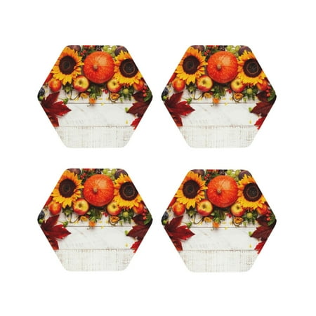 

Leather Coasters Set of 4 - Thanksgiving Autumn Pumpkins Lightweight Non-Slip Drink Coasters for Desk Anti-Scalding Desk Cup Coasters for Office Table Decor Hexagon