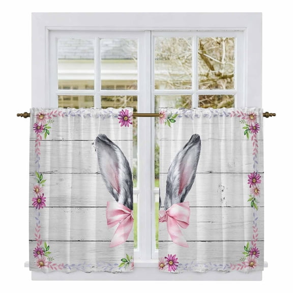 Spring Easter Kitchen Curtains 54 Inch Length, Watercolor Flowers Rabbits Ears Bow Wooden Gray Tiers Curtains for Bathroom Bedroom Cafe, Light Filtering Window Treatment Drapes 2 Panels 42"Wx54"L