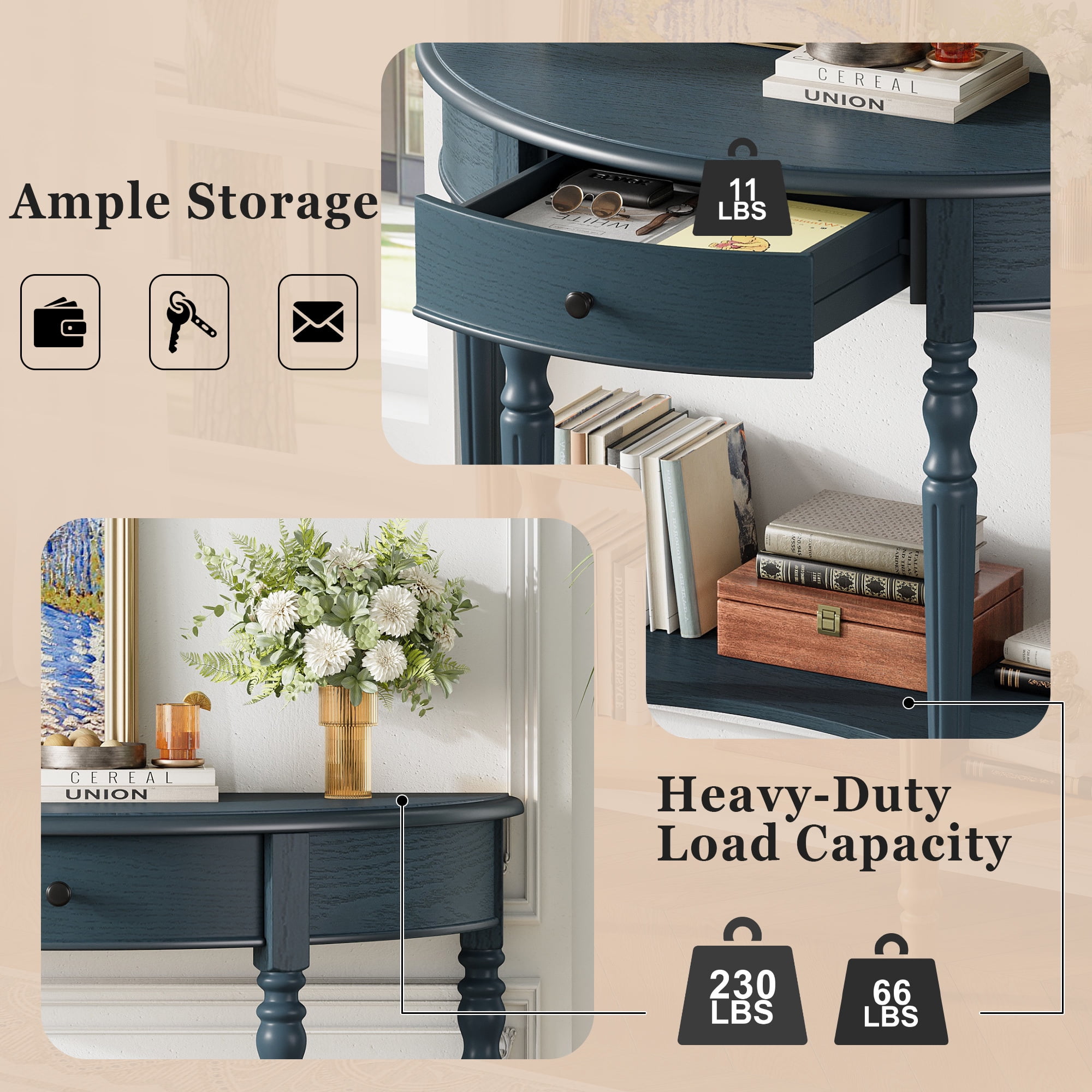 Euroco Farmhouse Half Moon Console Table, Narrow Sofa Table with Storage Shelf & 1 Drawer ,Wood Entryway Table Accent Table for Living Room, Hallway and Foyer,Navy