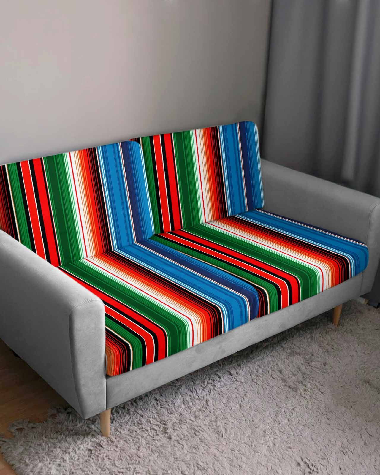 Mexican Serape Couch Cushion Covers Stretch, Washable Sofa Seat Covers Individual Seat Cushion Sofa Slipcovers Colorful Stripes Vertical Lines Abstract Couch Cover Furniture Protector S-1PCS