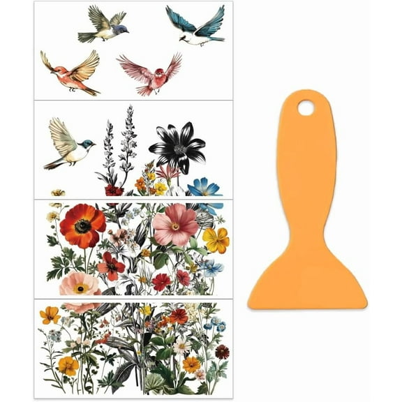 4pcs/Set Flowers Rub on Transfers for Furniture and Crafts 12x6 Inch Birds Garden Furniture Decals Plant Theme Transfer Stickers Rub on Decals with 1pc Scraper for Wood Furniture Home Decor diy