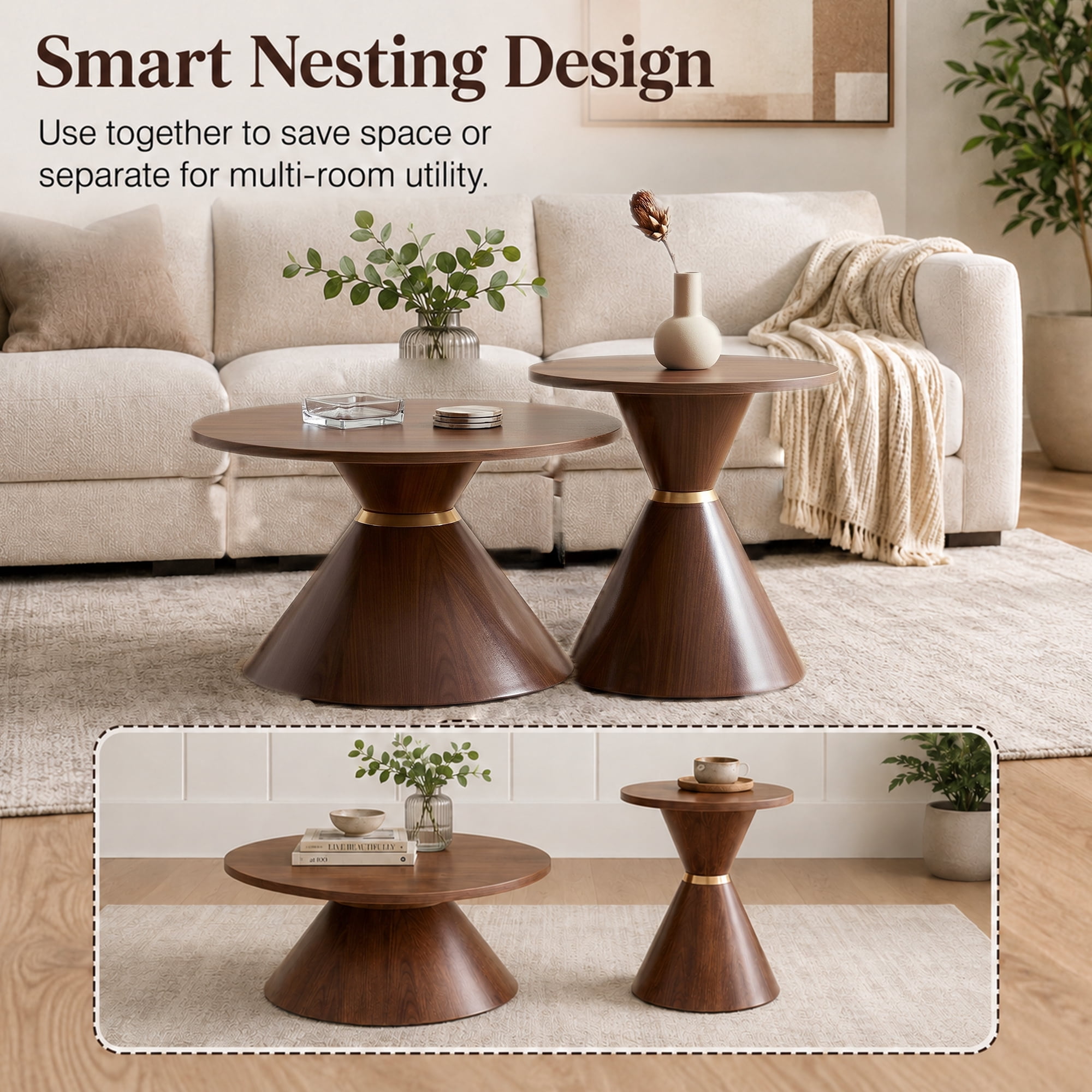 2-Piece Round Nesting Coffee Table Set with Hourglass Design and Metal Base, Mid-Century Accent Tables and Side End Tables for Living Room, Walnut