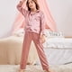 thumbnail image 5 of Pijamas para niños pequeños, talla 10-11 años, de satén de seda, con botones, suaves, cómodos, de manga larga, con cuello vuelto, color rosa liso, para dormir, blusas y pantalones., 5 of 7