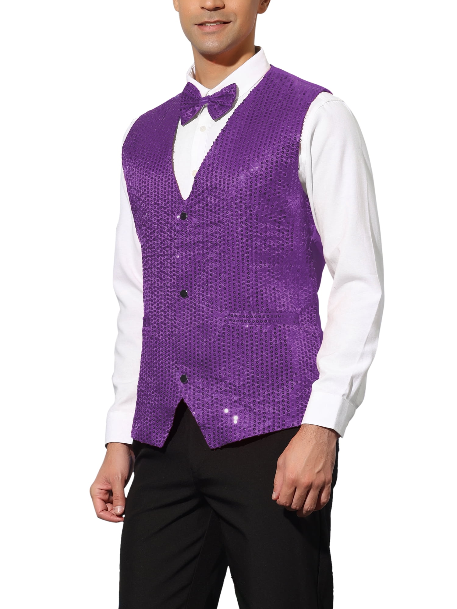 Unique Bargains Men's Sequin Waistcoat Sleeveless Dress Suit Vest with Bow Tie L Purple