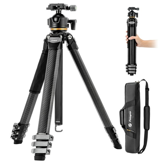 Fotopro Origin Plus Tripod, 60" Carbon Fiber Travel Tripod for Camera, Ball Head, Flip Lock, Carrying Bag, Max Load 20kg/44 lbs, Black