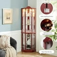 thumbnail image 4 of 71" H Lighted Curio Cabinet Corner Display Case, Corner Glass Cabinets w/Tempered Glass Door & Adjustable Shelves, Carved Crown Decoration Wooden Cabinet w/Mirrored Back Pane (Cherry), 4 of 9