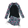 thumbnail image 3 of Huowey Toddler Swimsuit Girl Patchwork Leaf Print Zipper Up Long Sleeve Shirt Shorts Rash Guard Bikini Set Sporty Two Piece Beachwear Beach Swimwear,Black5,14-15 Years, 3 of 5