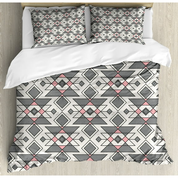 Abstract Duvet Cover Set, Geometric Pattern with Traditional Culture Effects Print, Decorative 3 Piece Bedding Set with 2 Pillow Shams, Calking Size, Grey Pearl Pale Pink, by Ambesonne