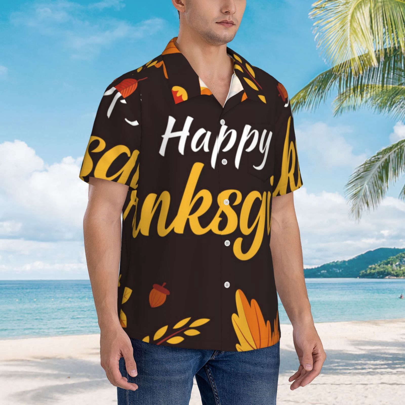 Rateoe Happy Thanksgiving 1 Pattern Men’s Hawaiian Shirt – Short Sleeve Button-Down Tropical Beach Shirt, Lightweight & Breathable Casual Aloha Shirt with Pocket,3X-Large