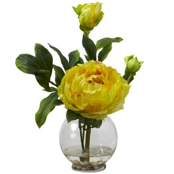 Nearly Natural Peony Artificial Flower Arrangement with Fluted Vase, Yellow