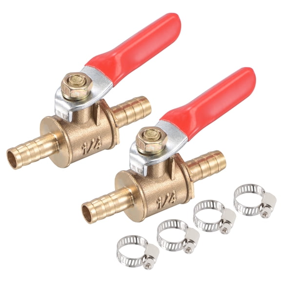 Unique Bargains Brass Air Ball Valve Shut Off Switch, 6mm Hose Barb to 6mm Hose Barb with Clamps Red Handle 2Pcs