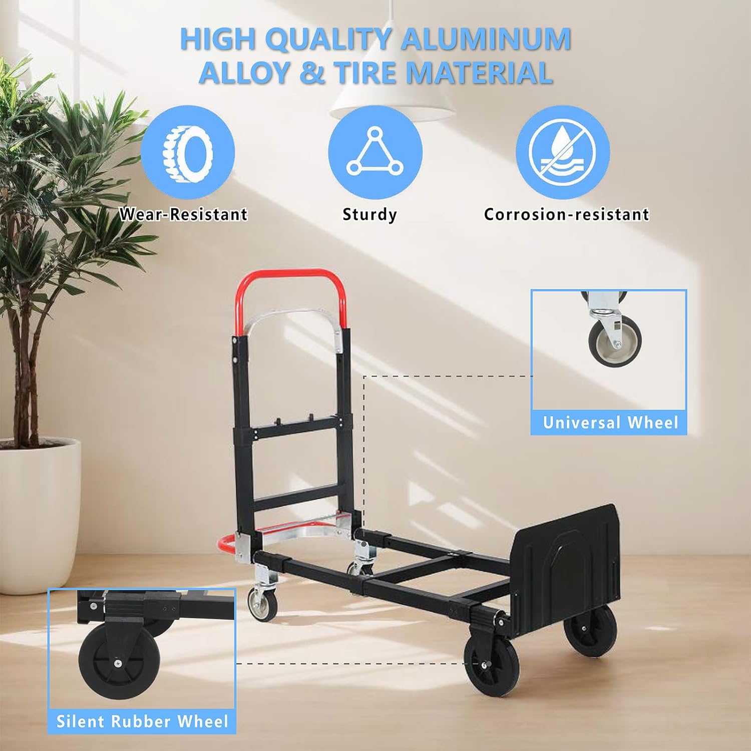 3 in 1 Convertible Hand Truck, Folding Dolly Cart with Retractable Handle, 600LBS Heavy Duty Aluminum for Luggage and Moving