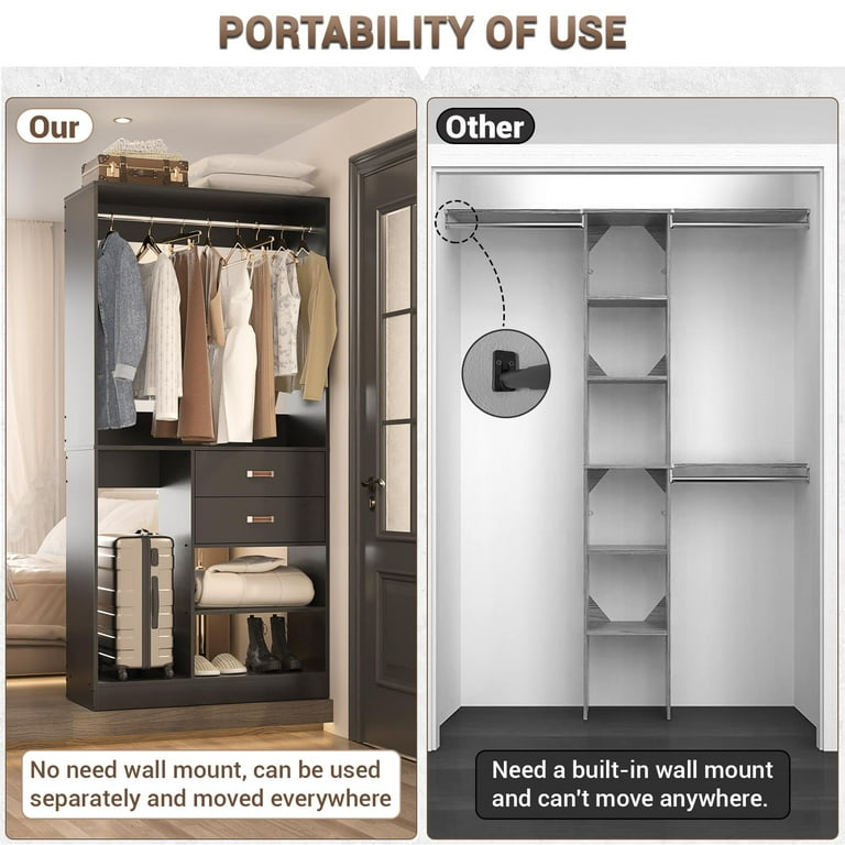 Homieasy Freestanding Closet System with Suitcase Storage, 40 Inches Stand-Alone Wardrobe with 2 Wood Drawers, 80'' Height Adjustable Cloth Garment Homieasy Freestanding Closet System with Suitcase Storage, 40 Inches Stand-Alone Wardrobe with 2 Wood Drawers, 80'' Height Adjustable Cloth Garment