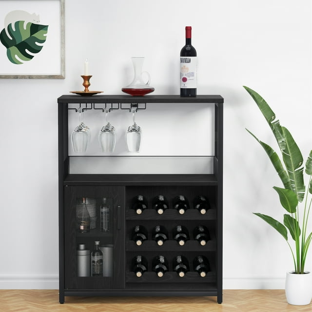 Industrial Black Wine Bar Cabinet with Adjustable Shelves, Detachable Wine Rack, Glass Holders, Mesh Door, Storage Compartments – Buffet Sideboard for Kitchen, Living Room, Dining Room, Black