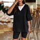 thumbnail image 3 of Blusa Mangas Cortas Conjunto de traje de 2 piezas con cuello en V Traje deportivo de mezcla de algodón informal para mujer Ygjytge Negro T XL para Mujer, 3 of 6