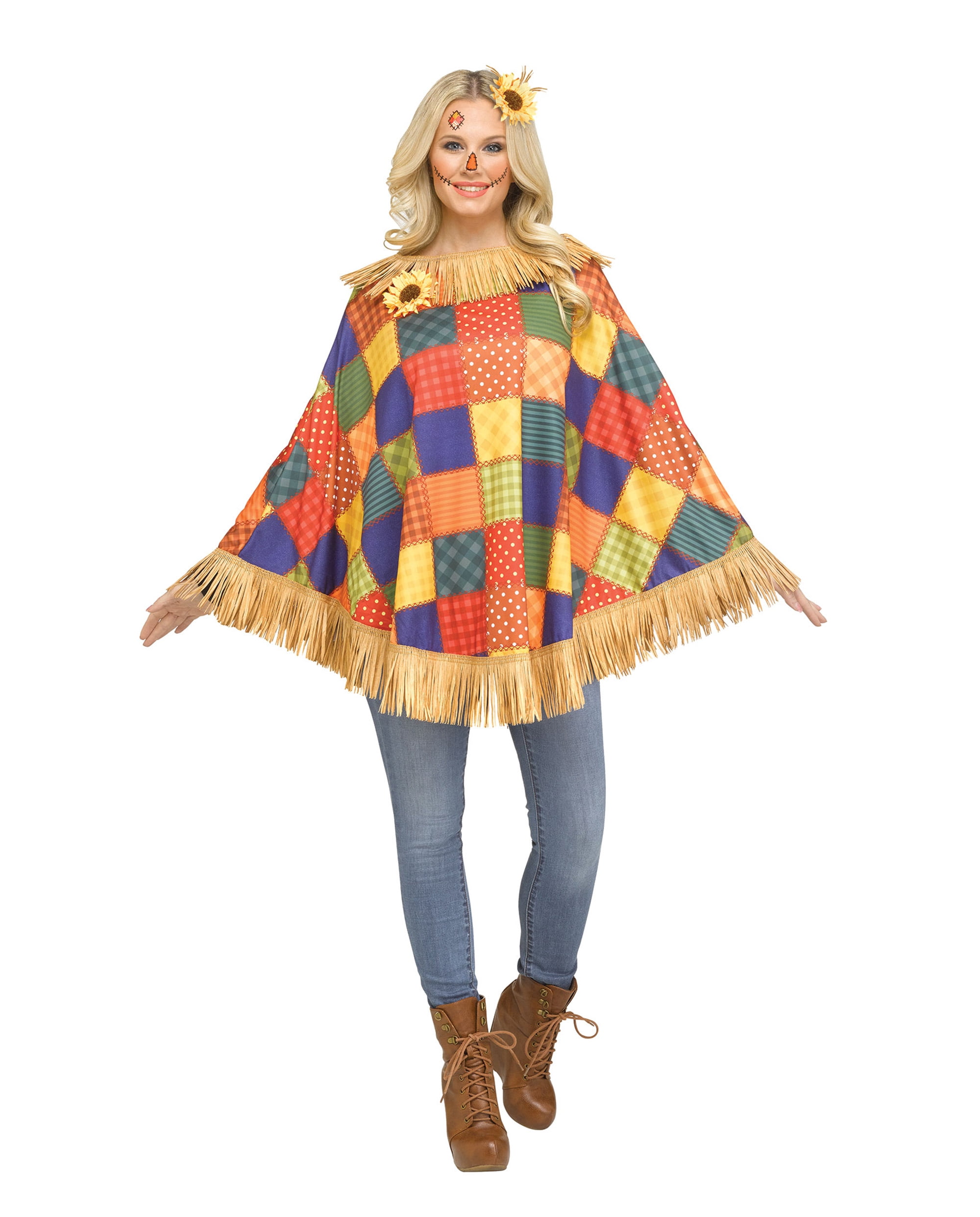 Womens Fun Colorful Scarecrow Poncho Patches Costume Cute Halloween