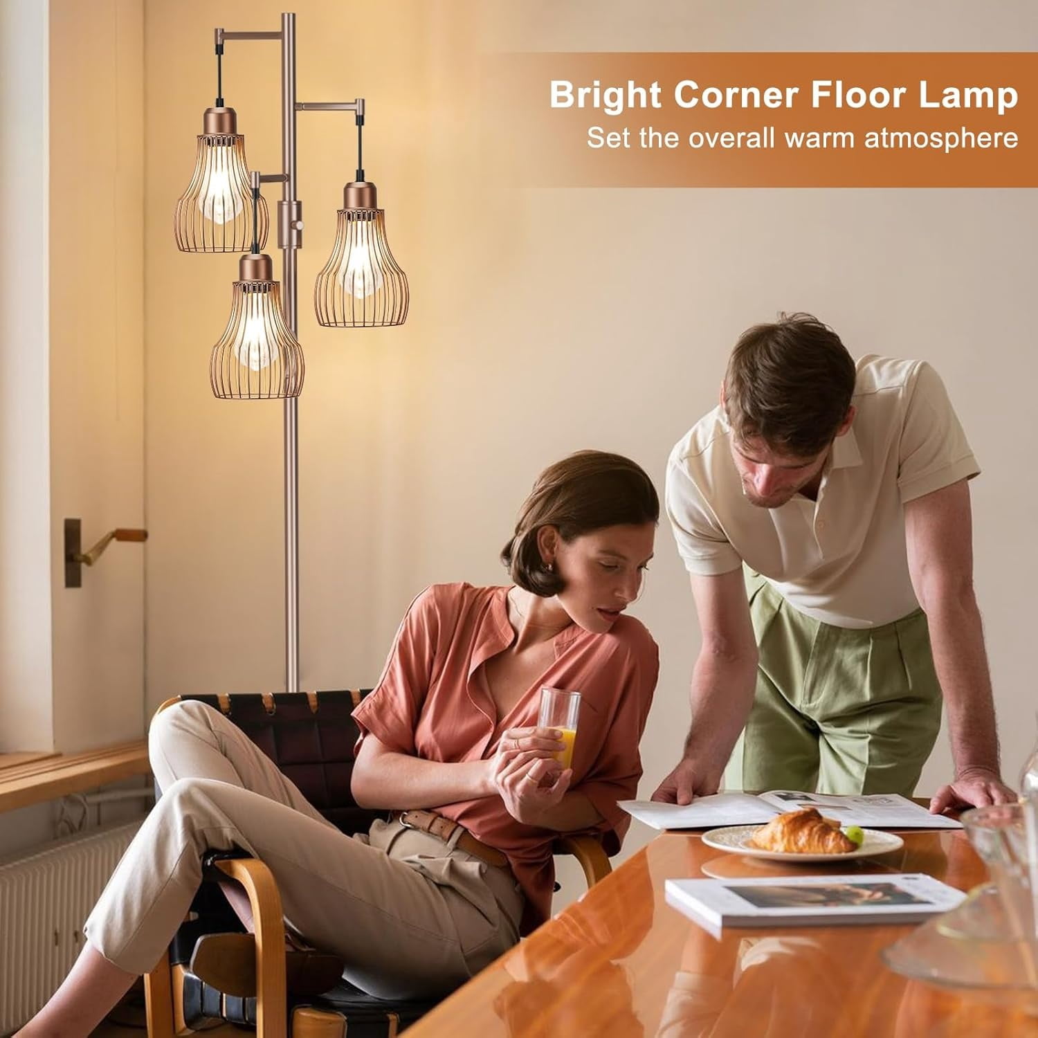 Floor Lamps for Living Room, Industrial Tree Standing Tall Lamps with 3 Elegant Cage Shade & 800 Lumens LED Bulbs for Bedroom Office - Brown