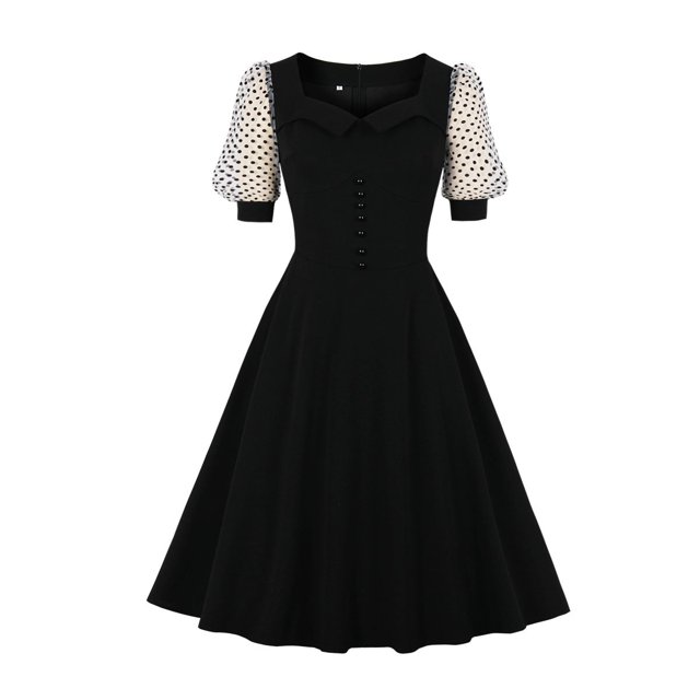 Robe Vintage pour Femmes des Années 1950 Rétro Rockabilly de Soirée Bal Manches Courtes Élégante Cocktail Ligne A Évasée Robe Swing