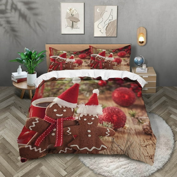 3pcs gingerbread man print 1 quilt cover 2 pillowcases no filling skin-friendly warm machine washable bedding set