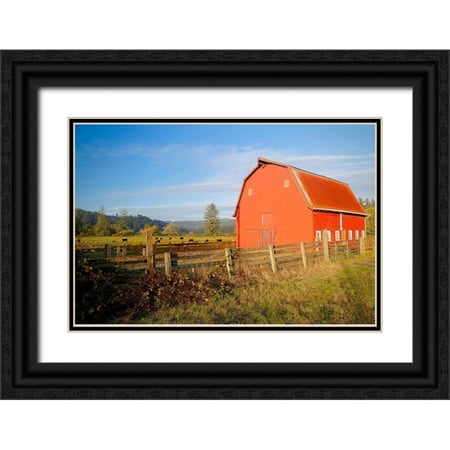 Vizvary, Susan 18x13 Black Ornate Wood Framed with Double Matting Museum Art Print Titled - Red Barn With Cows