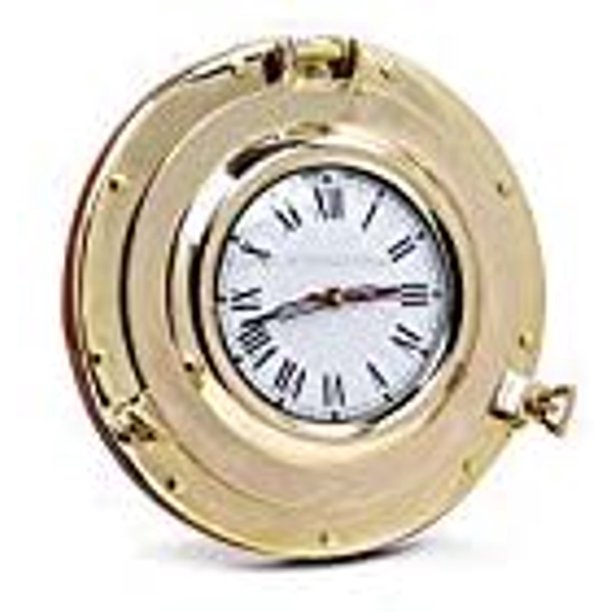 Solid Brass Porthole Clock On MDF Wooden Base (12 Inches)