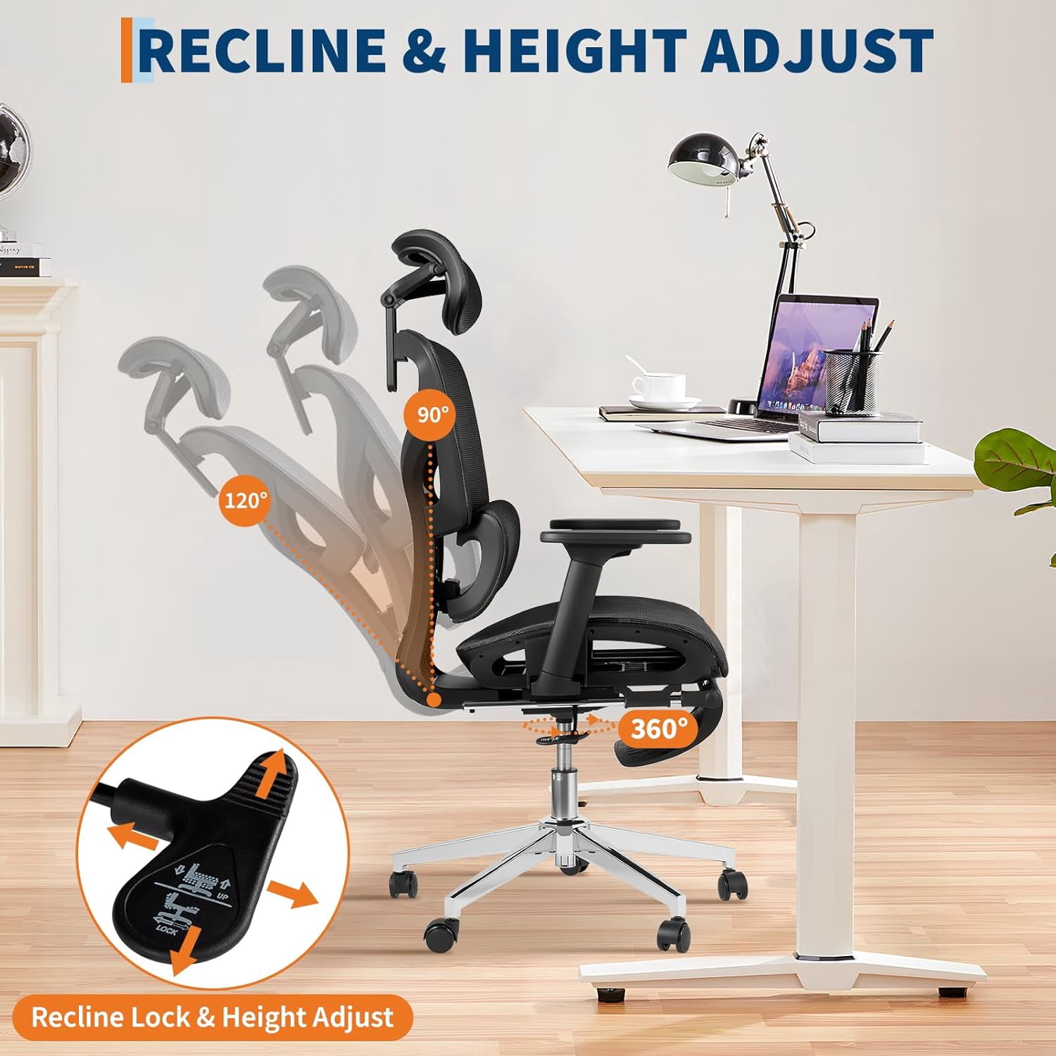 Ergonomic Mesh Office Chair with Footrest, Adjustable Armrests, Dynamic Lumbar Support, Recline & Tilt Function, High Back Design, Rolling Caster Computer Chair for Home Office, Black