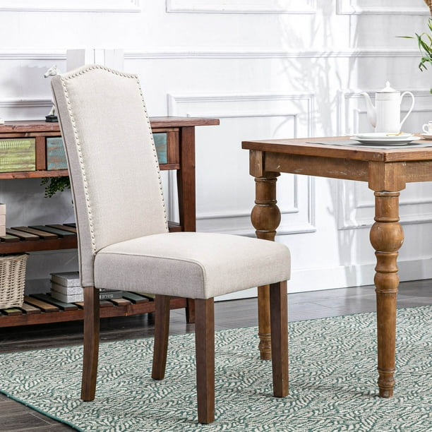 Snugway Dining Chair Beige Upholstered Parson Chair with Nailhead Trim