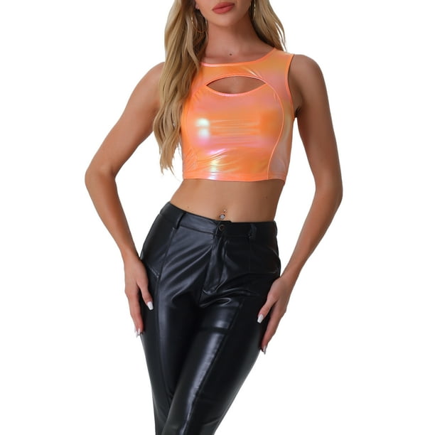 INSPIRAR CHIC Camisetas sin mangas para mujeres, tops cortos metálicos brillantes, S, Naranja brillante
