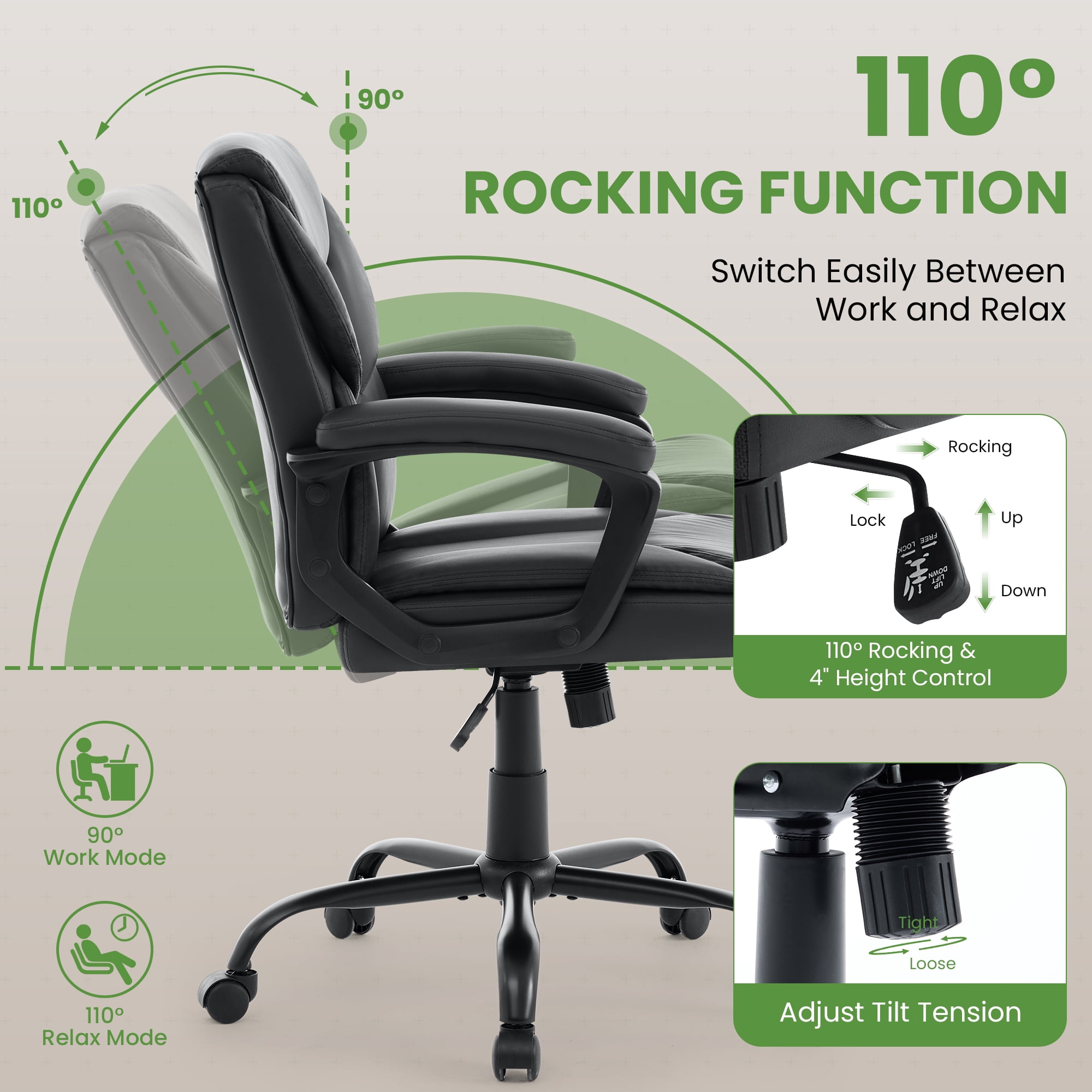 JONPONY Leather Office Chair, Big and Tall 400lbs Ergonomic Desk Chairs with Back Support, Executive Leather Chair with Wheels for Home Office, 360°Swivel Free, Black