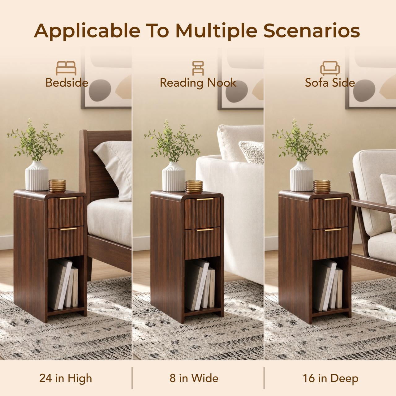 Spruce & Spring Fluted Slim Side Tables Set of 2 with 2 Drawers & Open Shelf for Living Room, End Table for Small Spaces, Walnut