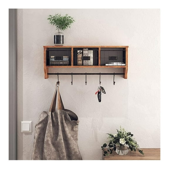 AIZYT Creations Wall Mounted Shelf with Coat Hooks and Baskets, Solid Wood Entryway Organizer Wall Shelf with Hooks - Hang Coats, Keys or Coffee Mugs, Rustic Brown 24" Wide