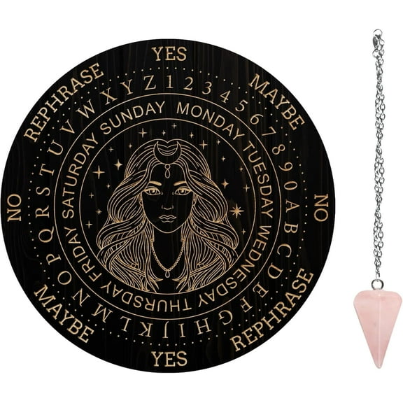 Pendulum Board Set Wooden Dowsing Divination Board Metaphysical Message Board with Crystal Pendulum Necklace for Witchcraft Wiccan Altar Supplies Kit Women & Star