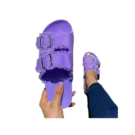

Daeful Ladies Slides Buckles Shoes Open Toe Slippers Soft Backless Flats Women Cozy Purple 12