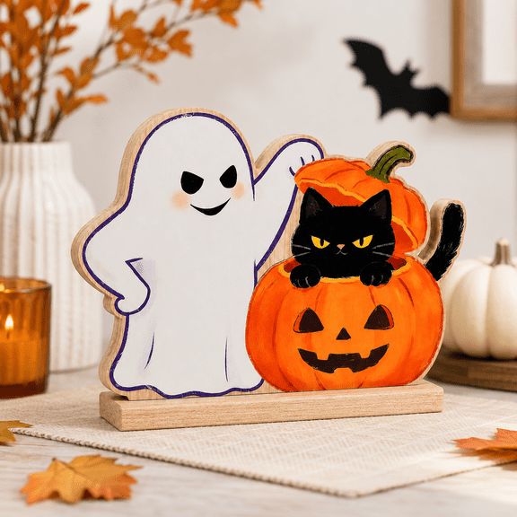 Halloween Wooden Table Centerpiece, Black Cat Ghost Pumpkin Standing Decoration for Office Desk, Party Table, Shelf and Holiday Display