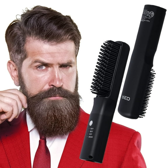Red by Kiss Beard & Hair Straightener, Secure Auto Shut-Off, 2 in 1 Heated Straightening Beard Brush 360 degree swivel cord Temperature Adjustable C80