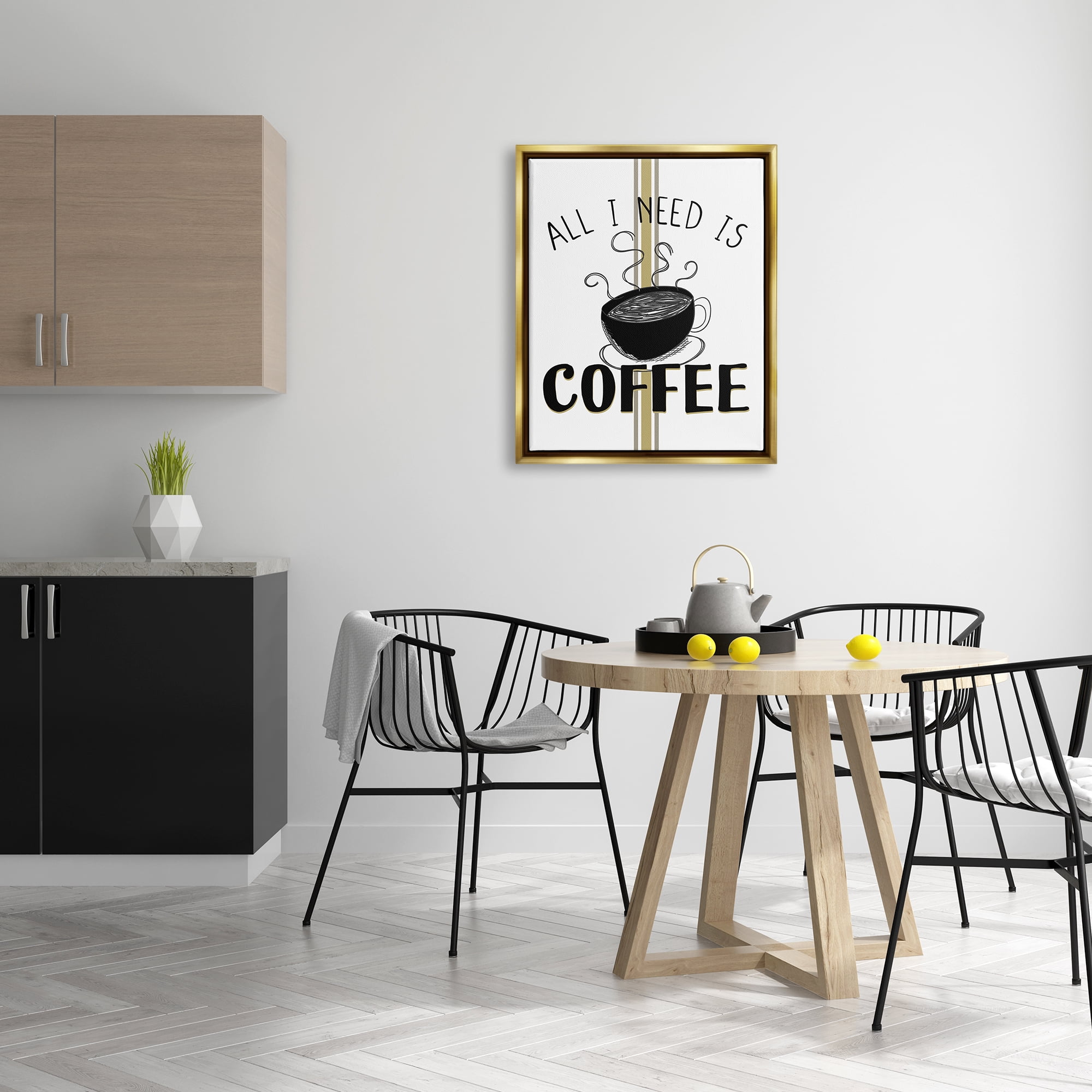 Stupell Industries Coffee Phrase with Bistro Stripe Food & Beverage Painting Gold Floater Framed Canvas Art Print Wall Art, 25 x 31