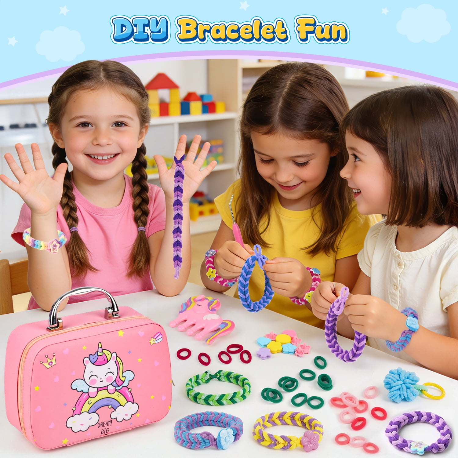 Carsky Unicorn Bracelet Making Kit for Girls, 1000+ Loom Bands DIY Friendship Bracelet Set with Organizer Case & Mirror, Charms, Beads, Keychains, Craft Gift Toys for Kids Ages 6+