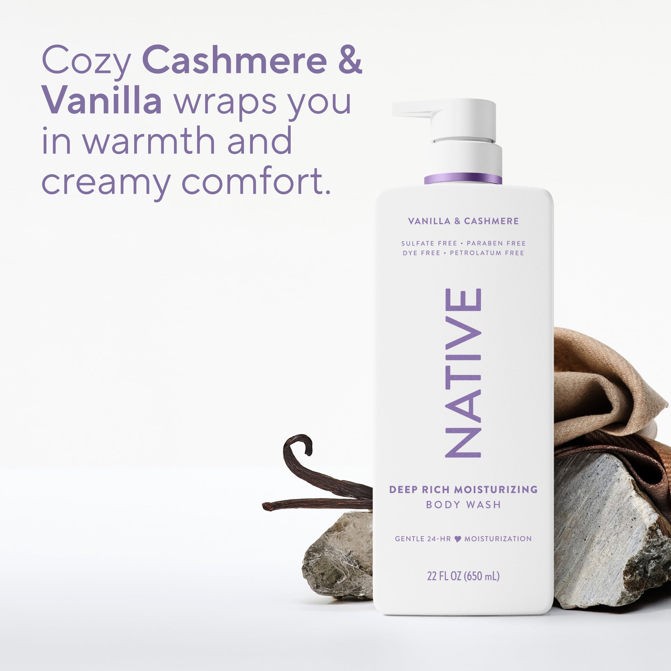 Native Moisturizing Body Wash, Sulfate Free, 24hr Moisturization with Shea Butter, for Dry Skin, Vanilla & Cashmere, 22 fl oz