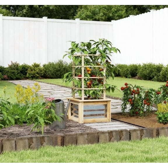 Galvanized Planter Box Elevated Garden Bed, Wooden Raised Garden Bed with Trellis, for Garden, Patio