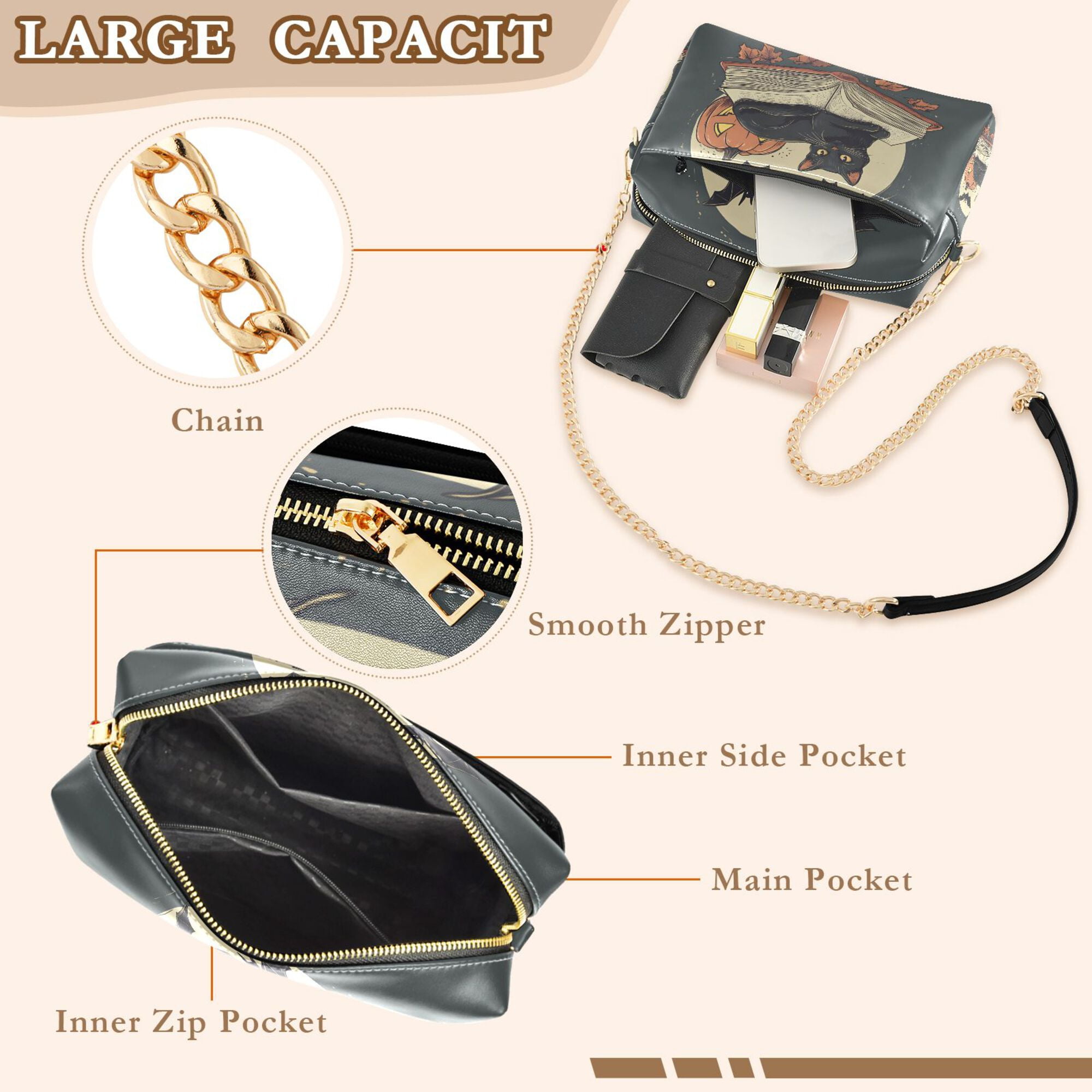 FORMRS Women Crossbody Purse with Chain Strap Vegan Leather Shoulder Handbag, Black Halloween Cat