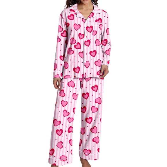 SJLDQY Valentines Women's Pajamas Set 2 Peice Pjs Set for Women Valentine's Day Love Heart Graphic Long Sleeve Pajama Tops Pants Soft Comfy Homewear Sleepwear Outfits