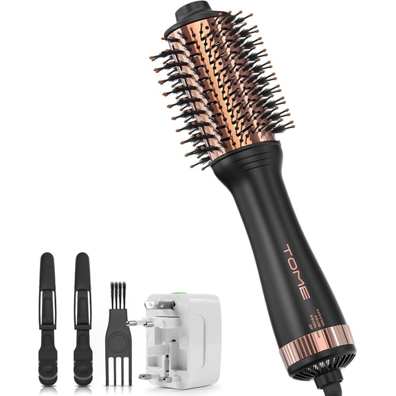 TOME 2.4 inch Hair Dryer Brush 1200W ,Dual Voltage Ceramic Ionic Hot Air Brush,Black