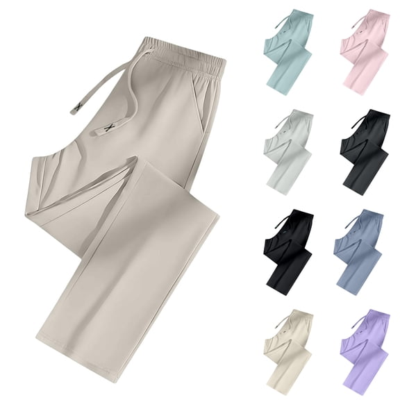 WULMLEO Ice Silk Pants for Women Over 50, Straight Wide Leg Quick Dry Sports Pants Stretchy Elastic Waist Casual Jogging Trousers Beige M
