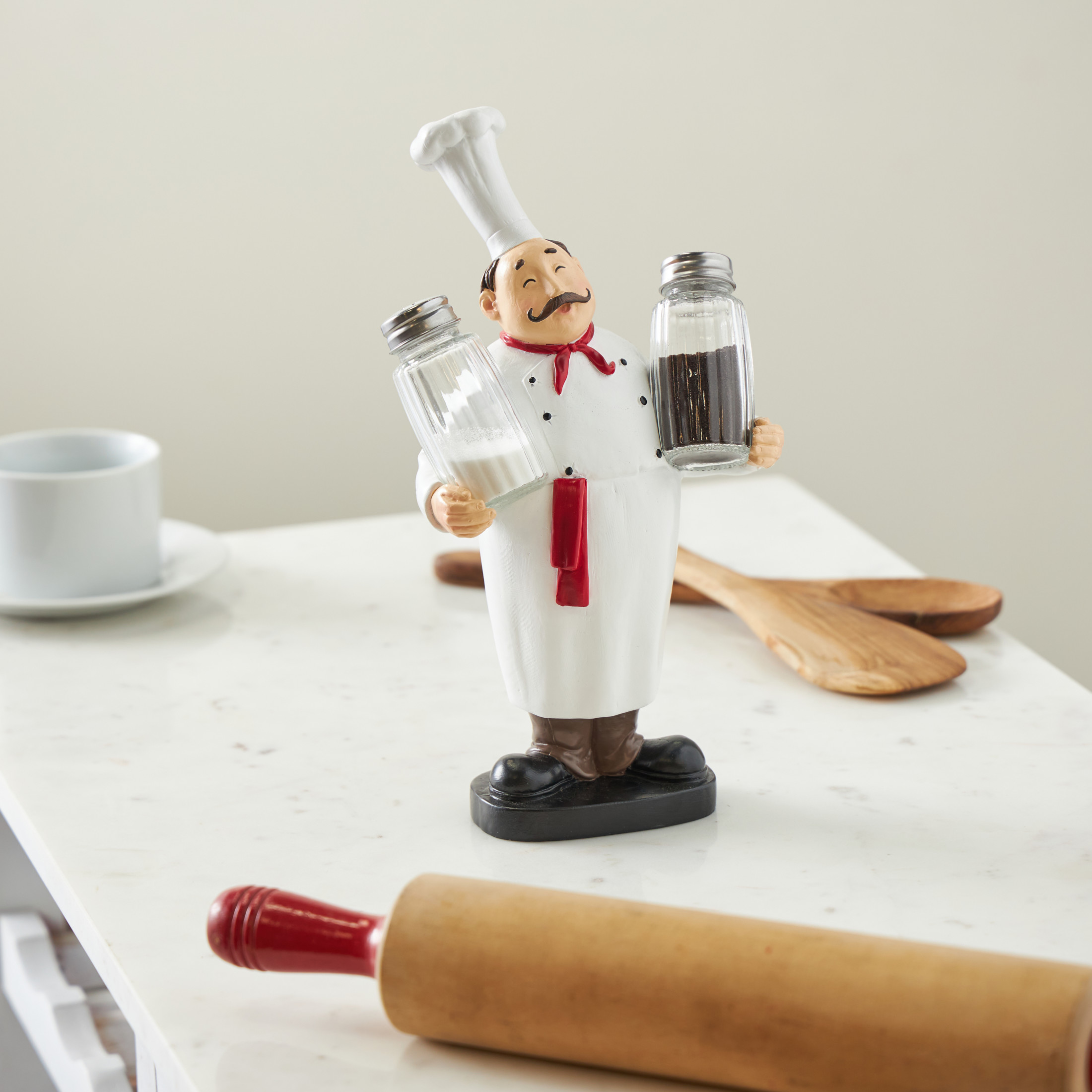 Chef 11.0" Polystone Kitchen Decorative Figurine Salt and Pepper Shaker Holder with Red Accents, by DecMode